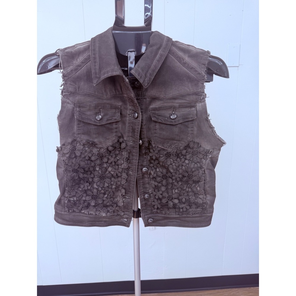 Denim Vest Womens M Gray Excellent Lace Floral Distressed Biker